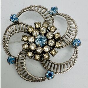 RARE 1940s Barclay Pinwheel Brooch Aquamarine Rhinestone Silver Tone Vintage